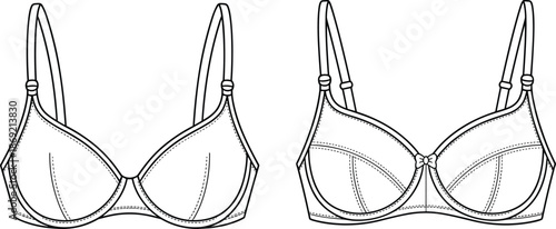 Cad drawing flat vector illustration, black and white bra sketch, lingerie design, underwire support outline, fashion accessory technical art