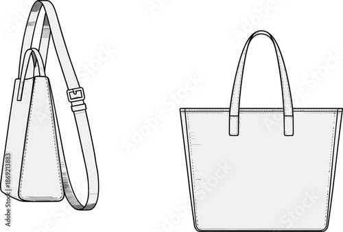 Cad drawing flat vector illustration, black and white handbag sketch, crossbody and tote bag design, fashion accessory outline art