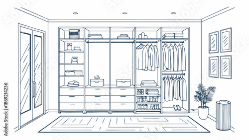 Wardrobe room interior line art vector illustration, shelves storage cabinets, clean outlines, minimal design