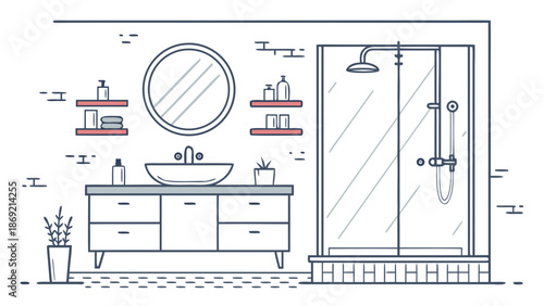 Bathroom interior line art vector illustration, sink mirror shower, thin stroke lines, simple layout
