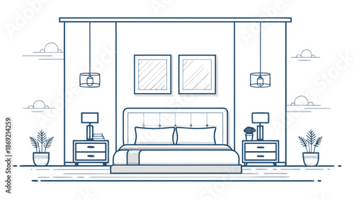 Bedroom interior line art vector illustration, bed side tables lamp, simple outlines, modern layout, blank wall space