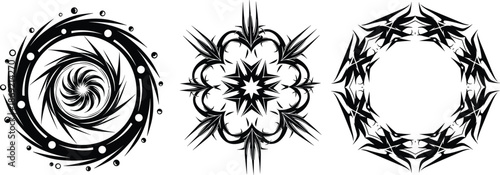 Abstract geometric mandala vector illustration set, tribal circular ornaments and symmetrical symbols, black and white decorative tattoo style design  