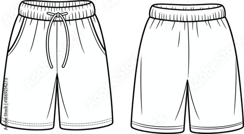 Cad drawing flat vector illustration, black and white shorts sketch, fashion design