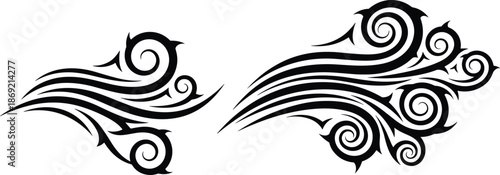 Abstract tribal wind swirl ornament vector illustration, flowing spiral wave shapes, decorative tattoo style design, black and white isolated graphic element