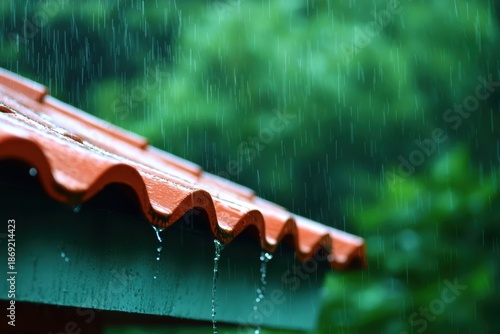 Rain is heavily falling on orange terracotta roof tiles with water dripping from the eaves, showing wet weather in nature