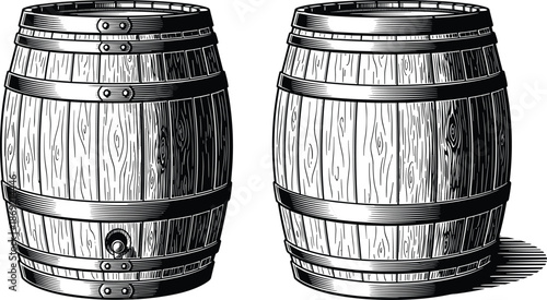 WebWooden barrel black and white vector illustration, vintage oak cask engraving style, rustic storage container artwork for brewery, winery, whiskey, packaging, branding, graphic design