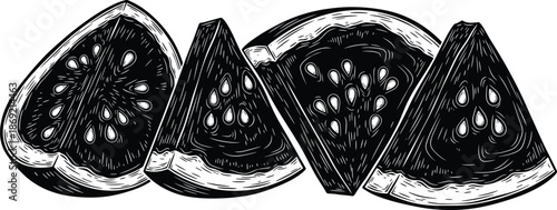 Black and white watermelon slice vector illustration, hand drawn fruit wedges with seeds, vintage engraving style food artwork for packaging, branding, and print design