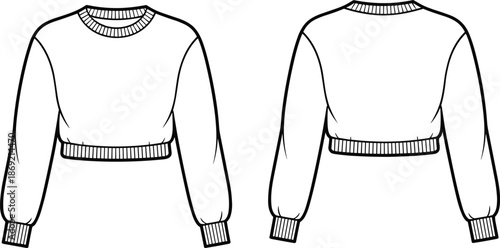 Cad drawing flat vector illustration, black and white sweatshirt sketch, cropped pullover design, fashion garment outline, front back view