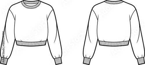 Cad drawing flat vector illustration, black and white sweatshirt sketch, cropped pullover design, fashion garment outline, front back view