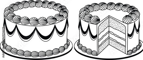 Classic decorated cake vector illustration, whole cake and sliced section, black and white line art, bakery dessert graphic, celebration pastry design