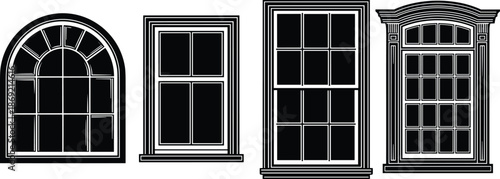 Classic architectural window designs, vintage and modern styles, black and white vector illustration, decorative facade elements, isolated window frames set