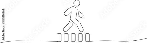 A stick figure illustration of a person jumping over hurdles in a simple line drawing style on a white background with a minimalist landscape