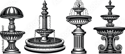 Classic decorative fountains vector illustration set, vintage garden water fountains collection, black and white ornamental architecture isolated design artwork