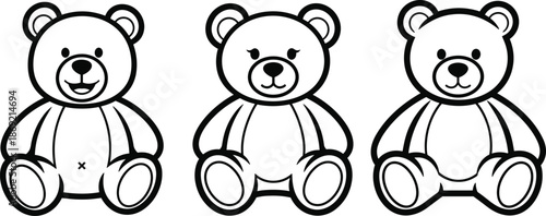 Cute teddy bear vector illustration set, cartoon plush bear characters with different expressions, black and white children toy mascot design
