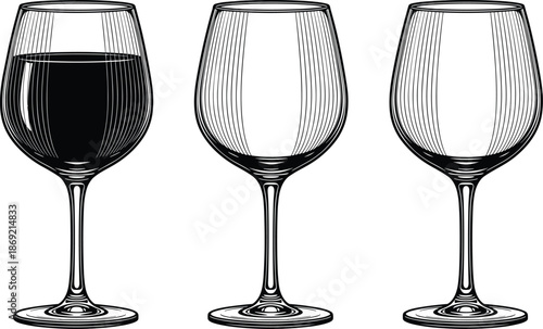Elegant wine glass vector illustration set, filled and empty goblets, black and white engraved style drinkware design, classic bar and restaurant graphic