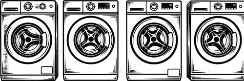 Front loading washing machines vector illustration set, modern household laundry appliances collection, black and white washing machine designs isolated home equipment artwork