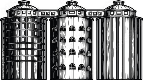Industrial grain silos complex illustration, connected cylindrical storage buildings, vintage architectural style, detailed monochrome vector artwork for agriculture, industry, infrastructure design