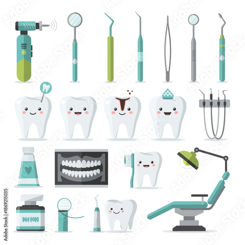 Cute Tooth Characters and Dental Tools Set - Vector Illustration