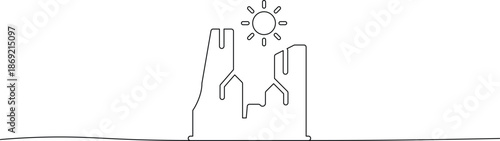 Simple black and white vector illustration of two hands holding a castle with a sun shining above it symbolizing protection and care for the environment and architecture