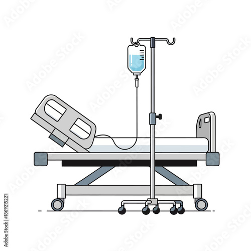 Hospital bed with IV drip stand and fluid bag, medical equipment, healthcare illustration