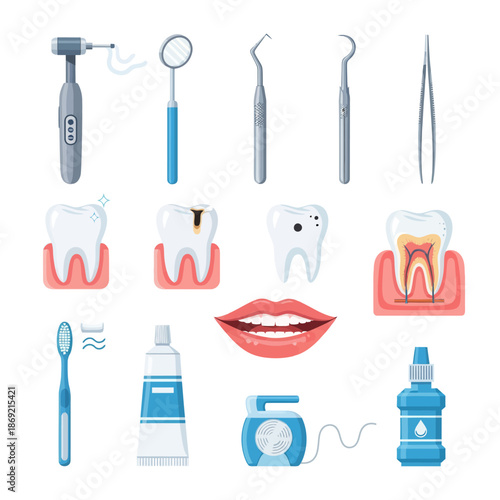 Dental Care Routine: Tools, Teeth Health, Hygiene Products & Healthy Smile Icons Collection