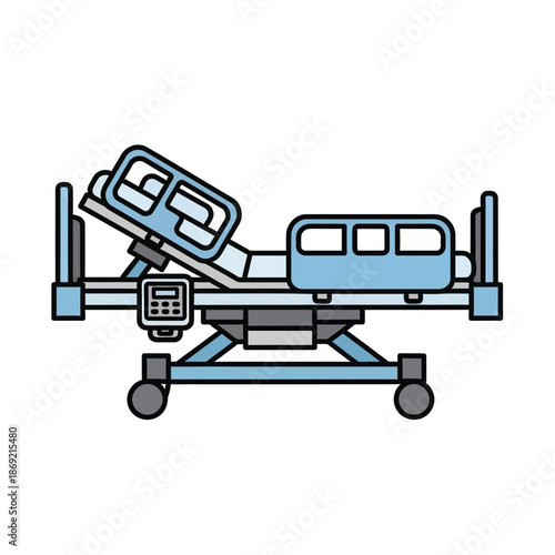Adjustable Hospital Bed with Control Panel and Wheels, Medical Equipment Illustration