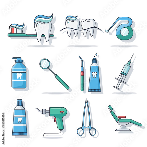 Dental Care Icons: Toothbrush, Floss, Tools, Syringe, Dental Chair - Flat Design