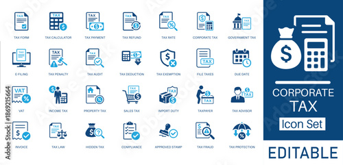 Corporate Tax and Financial Accounting solid icon set. Includes symbols for Tax Refund, E-filing, VAT, and Income Tax. Solid vector icons for tax policy, risk management, and audit services.