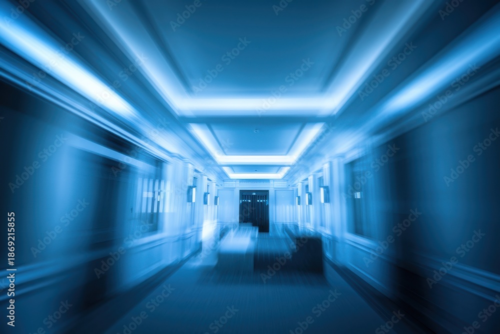 Fototapeta premium Blurry blue tinted hallway with ceiling lights and elevator doors interior blurred