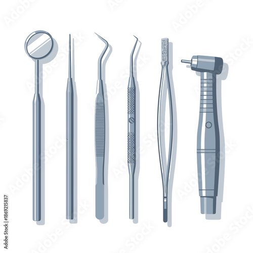 Dental Instruments Set - Mirror, Probe, Explorer, Forceps, Drill - Isolated on White