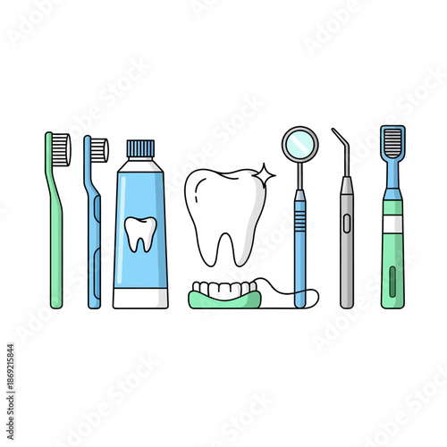 Dental Hygiene Tools and Tooth Illustration - Oral Care Flat Design Icons