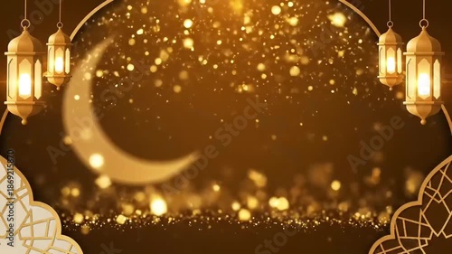 Ramadan Kareem Islamic Background with Glowing Lanterns and Crescent Moon.