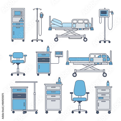 Hospital Room Equipment Set: Beds, Monitors, Chairs, IV Stand, Medical Carts