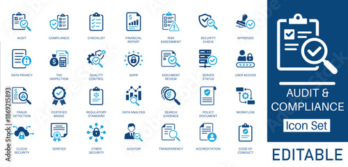 Audit and Compliance solid icon set. Includes symbols for GDPR, Cyber Security, Risk Management, and Data Privacy. Solid vector icons for financial audit and regulatory policy.