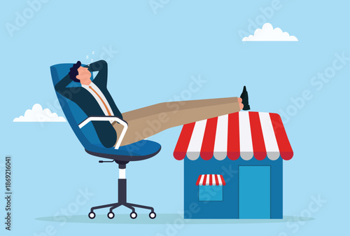 Vector illustration of a businessman sleeping in an office chair with his feet resting on a small shop symbolizing passive income business ownership financial freedom and stress free entrepreneurship