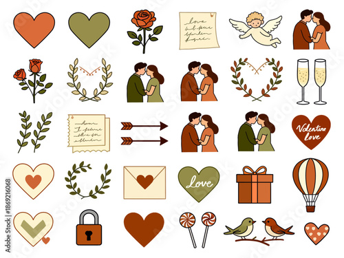 Valentine Love Sticker Set with Couple, Hearts, Gifts, and Romantic Icons. Perfect for Valentine’s Day design, romantic greeting cards, social media posts, messaging stickers, invitations, branding.