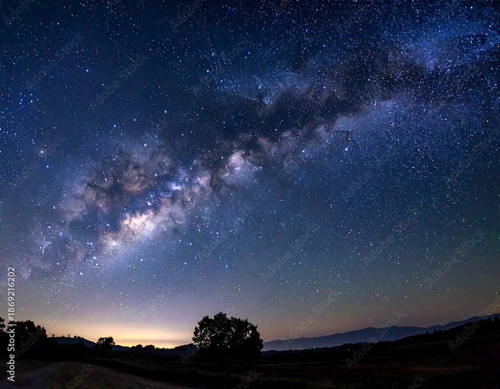 Fototapeta premium Deep space vista of a star-filled galaxy above dark, silhouetted landscape