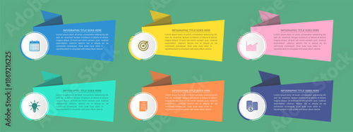 Business Infographic Template Vector EPS File. This set of six isolated, modern flat design elements is perfect for data visualization, marketing strategy, presentation, and step-by-step processes.