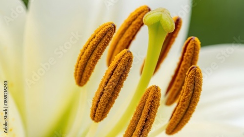 A white lily with yellow stamens and green pistils.