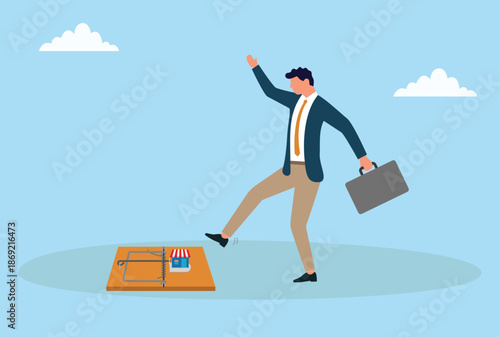 Vector illustration of a businessman stepping into a business trap with hidden risk symbolizing temptation poor judgment financial danger and risky decision making
