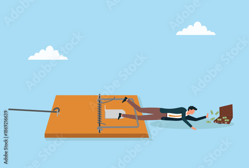 Vector illustration of a businessman trapped in a trap while reaching for money, symbolizing financial risk, greed, hidden danger, poor decisions, and business traps
