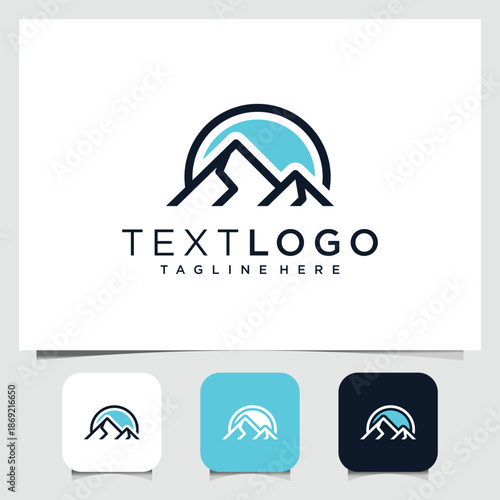 Modern minimalist mountain landscape logo design featuring a stylized celestial arc, perfect for nature, outdoor, and adventure-related branding