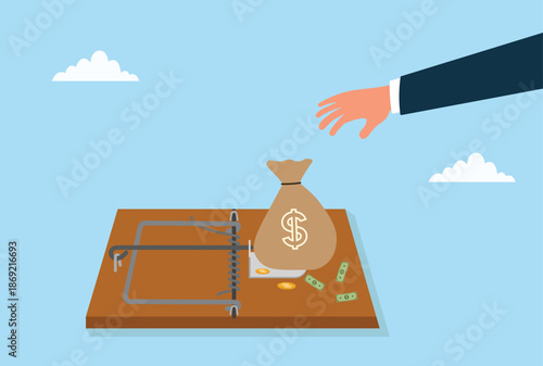 Vector illustration of a hand reaching for money trapped by a financial snare, symbolizing risk, greed, and hidden dangers in profit pursuits
