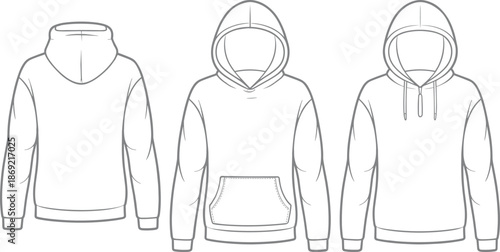Cad drawing flat vector illustration, fashion hoodie technical sketch, garment construction design, clothing pattern making, apparel industry template