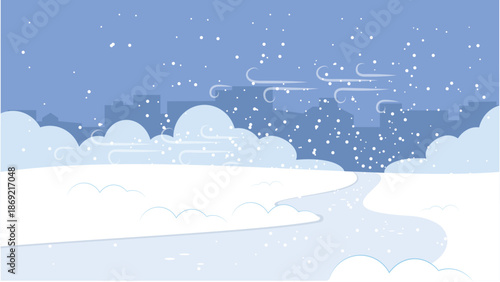 Minimal winter city background with falling snow, soft clouds, wind swirls, and a winding snowy path. Calm blue illustration ideal for winter themes, seasonal banners, holiday designs, and nature back