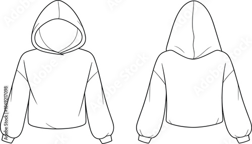 Cad drawing flat vector illustration, fashion hoodie technical sketch, garment construction design, clothing pattern making, apparel industry template