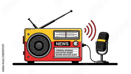 Vibrant retro style radio with microphone broadcasting severe weather alert news on white background for emergency announcement concept with tornado