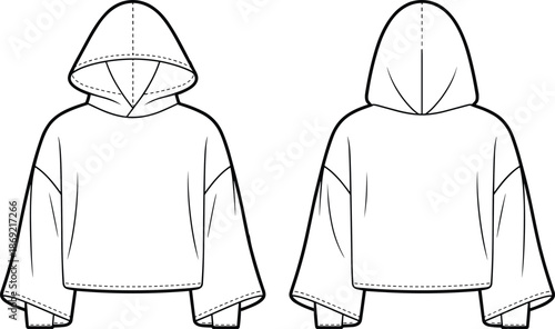 Cad drawing flat vector illustration, fashion hoodie technical sketch, garment construction design, clothing pattern making, apparel industry template