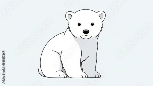 A cute white polar bear cub sitting on a plain background looking happy and friendly with a black nose and eyes with animal and wildlife and illustration