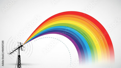 A vibrant rainbow emerges from a television antenna against a clean white background symbolizing diverse media channels and broadcasting with communication